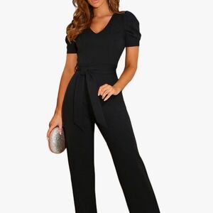 BLENCOT Jumpsuit Short Sleeve V Neck Belted WideLeg Formal Jumpsuit Size Medium
